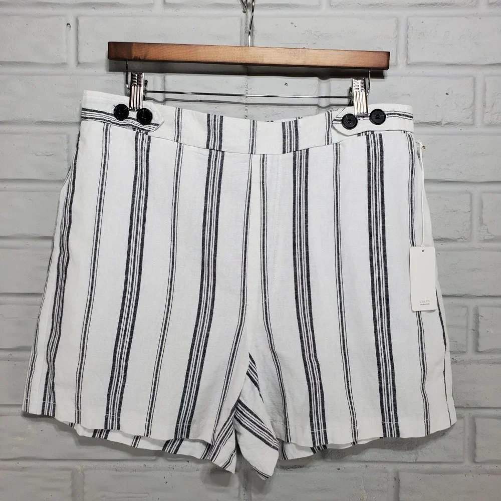 Style Me Women's Size L Linen Blend Black White Striped Casual Shorts NWT - Picture 1 of 9